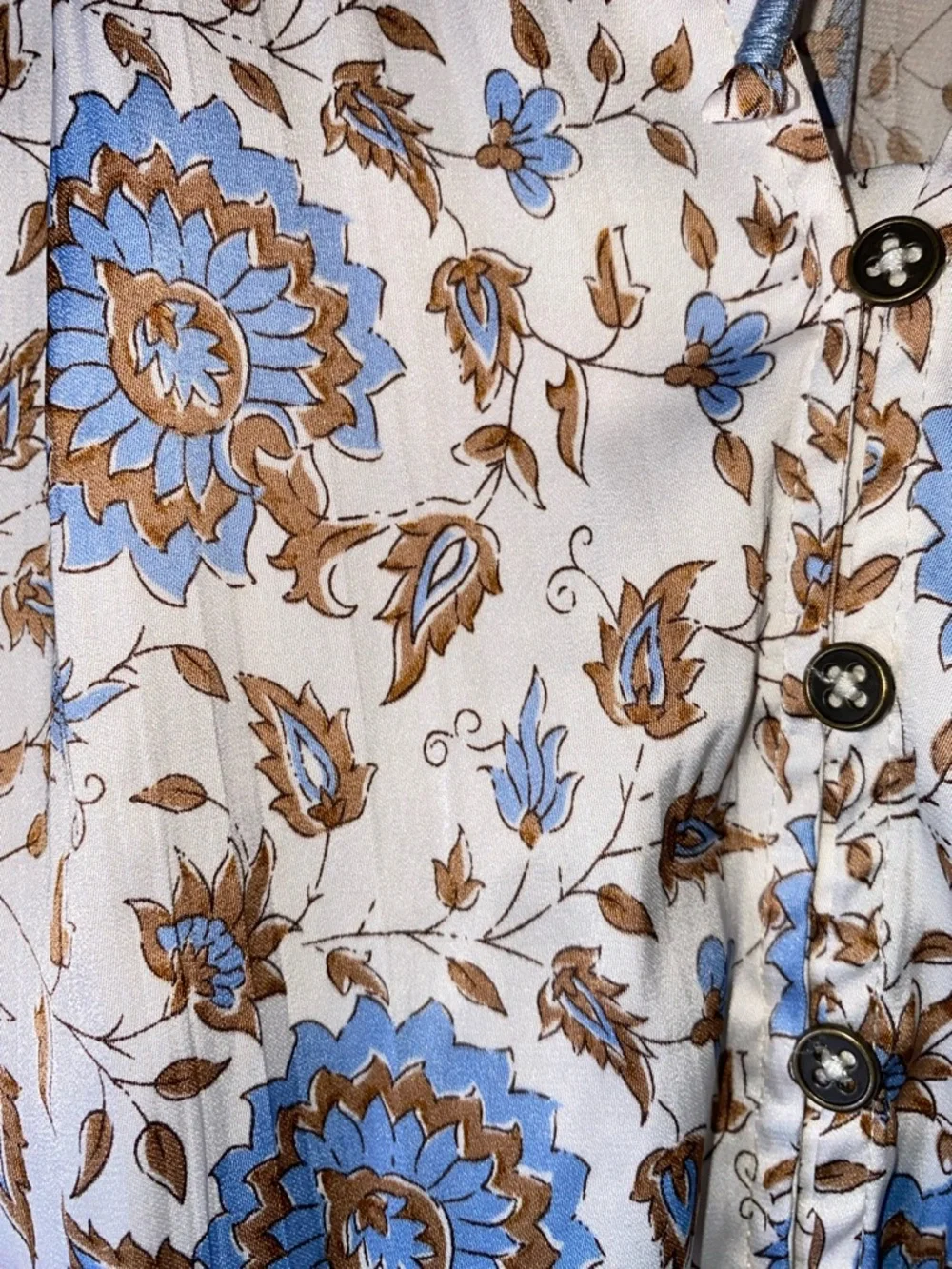 By Anthropologie Blue Floral Boho Blouse - Tie-Neck Puff Sleeve Button Front